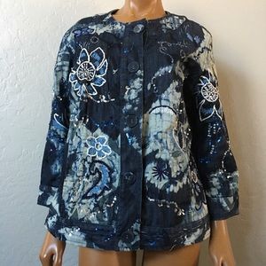 Chicos embroidered sequin jean jacket size 2